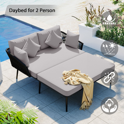 Patio Furntiure Sets | Outdoor Patio Daybed, Woven Nylon Rope Backrest with Washable Cushions for Balcony, Poolside, Set for 2 Person, Gray | casafoyer.myshopify.com
