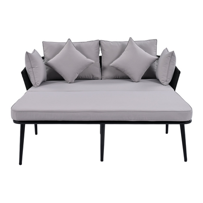 Patio Furntiure Sets | Outdoor Patio Daybed, Woven Nylon Rope Backrest with Washable Cushions for Balcony, Poolside, Set for 2 Person, Gray | casafoyer.myshopify.com