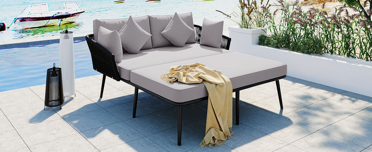 Patio Furntiure Sets | Outdoor Patio Daybed, Woven Nylon Rope Backrest with Washable Cushions for Balcony, Poolside, Set for 2 Person, Gray | casafoyer.myshopify.com