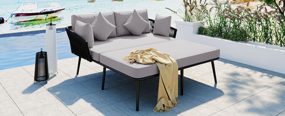 Patio Furntiure Sets | Outdoor Patio Daybed, Woven Nylon Rope Backrest with Washable Cushions for Balcony, Poolside, Set for 2 Person, Gray | casafoyer.myshopify.com