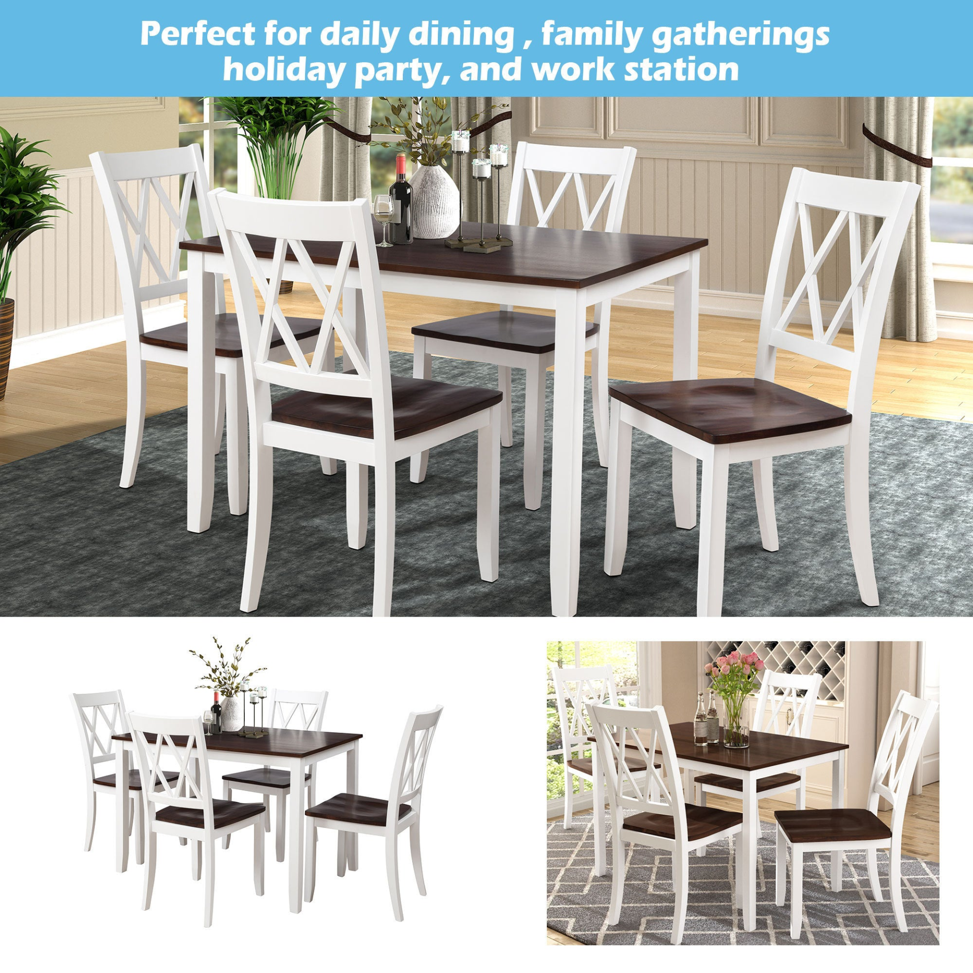 Dining Table | 5-Piece Dining Table Set Home Kitchen Table and Chairs Wood Dining Set, White+Cherry | casafoyer.myshopify.com