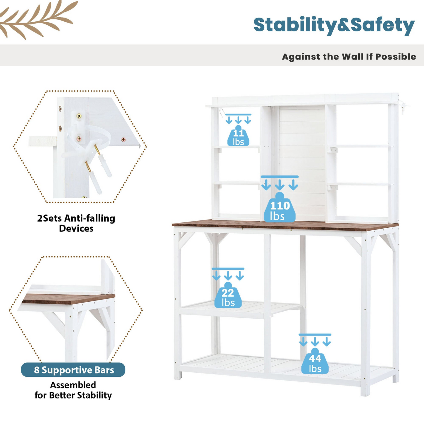 [product_type] | 64.6" Large Outdoor Potting Bench, Garden Potting Table, Wood Workstation with 6-Tier Shelves, Large Tabletop and Side Hook for Mudroom, Backyard,White | casafoyer.myshopify.com