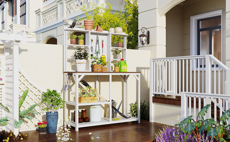 [product_type] | 64.6" Large Outdoor Potting Bench, Garden Potting Table, Wood Workstation with 6-Tier Shelves, Large Tabletop and Side Hook for Mudroom, Backyard,White | casafoyer.myshopify.com