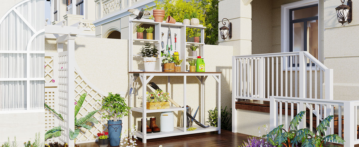 [product_type] | 64.6" Large Outdoor Potting Bench, Garden Potting Table, Wood Workstation with 6-Tier Shelves, Large Tabletop and Side Hook for Mudroom, Backyard,White | casafoyer.myshopify.com