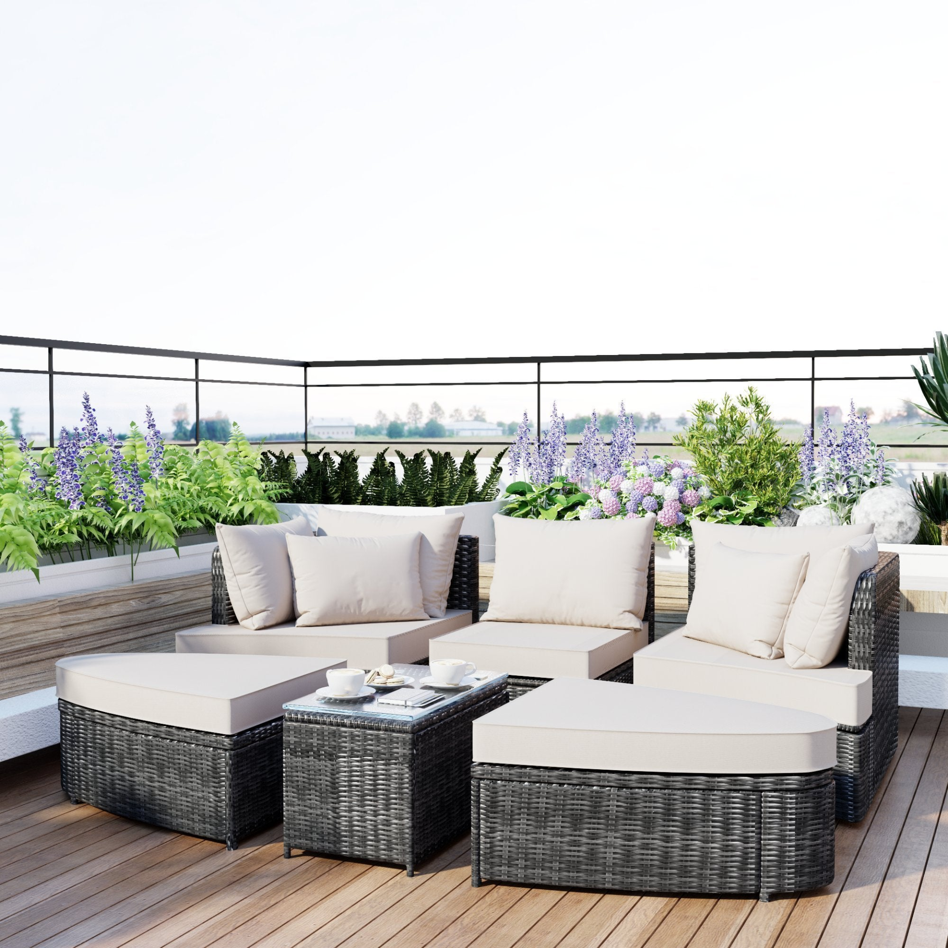 Patio Furntiure Sets | 6-Piece Patio Outdoor Conversation Round Sofa Set, PE Wicker Rattan Separate Seating Group with Coffee Table, Beige | casafoyer.myshopify.com