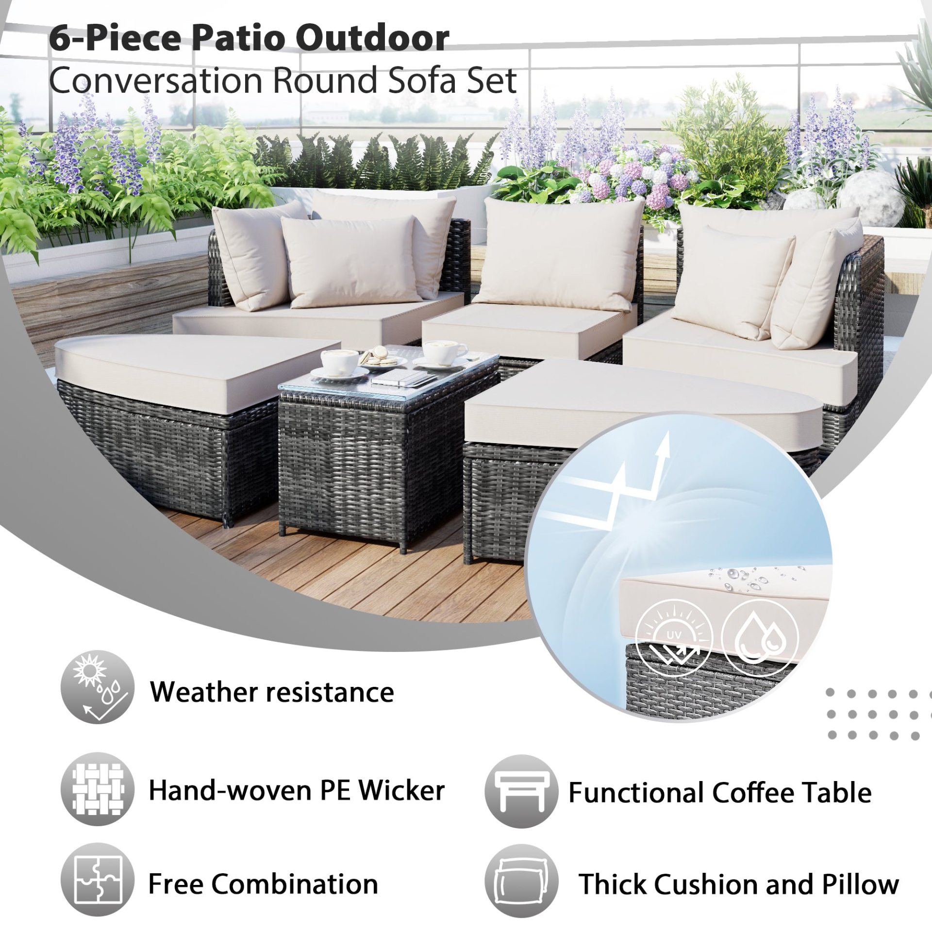 Patio Furntiure Sets | 6-Piece Patio Outdoor Conversation Round Sofa Set, PE Wicker Rattan Separate Seating Group with Coffee Table, Beige | casafoyer.myshopify.com