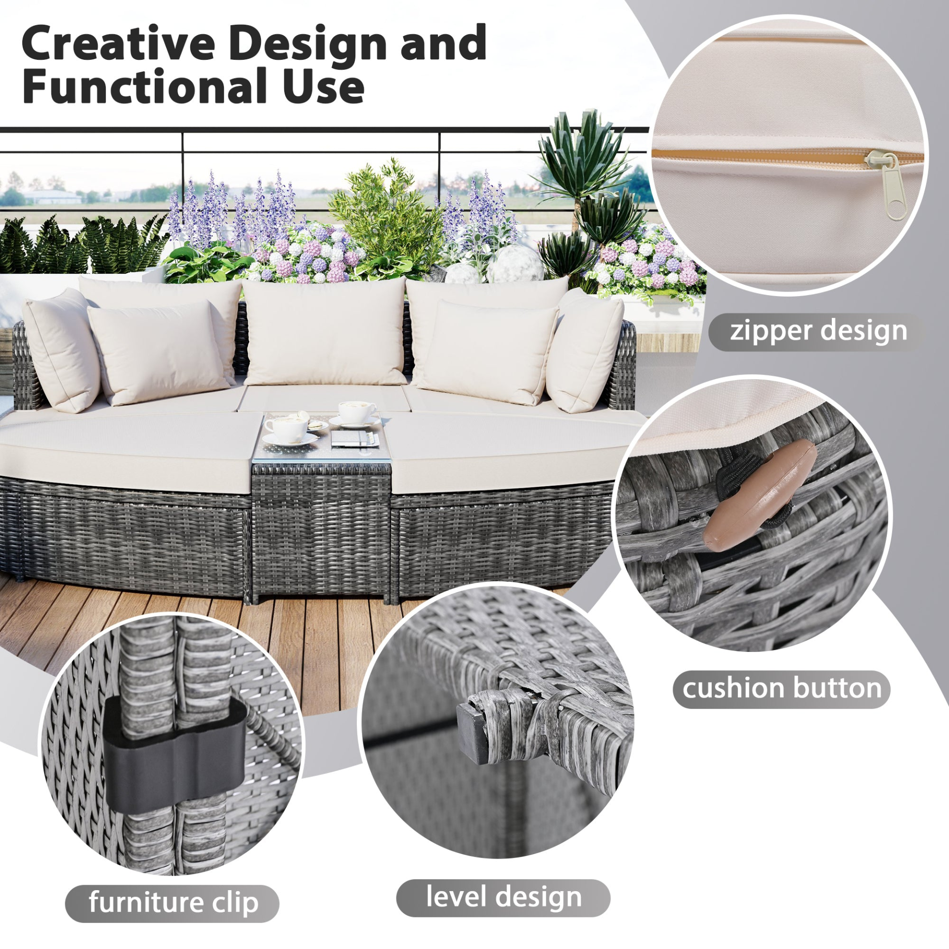 Patio Furntiure Sets | 6-Piece Patio Outdoor Conversation Round Sofa Set, PE Wicker Rattan Separate Seating Group with Coffee Table, Beige | casafoyer.myshopify.com