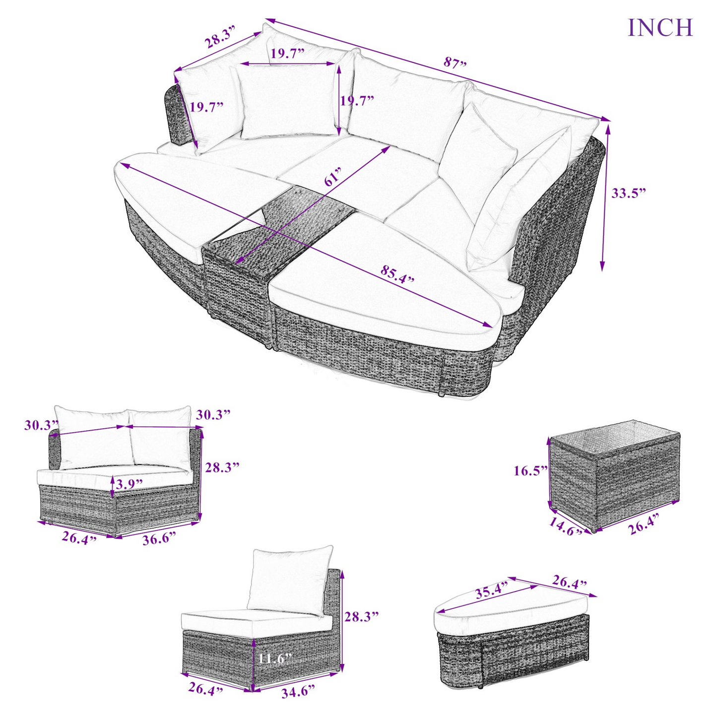 Patio Furntiure Sets | 6-Piece Patio Outdoor Conversation Round Sofa Set, PE Wicker Rattan Separate Seating Group with Coffee Table, Beige | casafoyer.myshopify.com