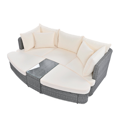 Patio Furntiure Sets | 6-Piece Patio Outdoor Conversation Round Sofa Set, PE Wicker Rattan Separate Seating Group with Coffee Table, Beige | casafoyer.myshopify.com