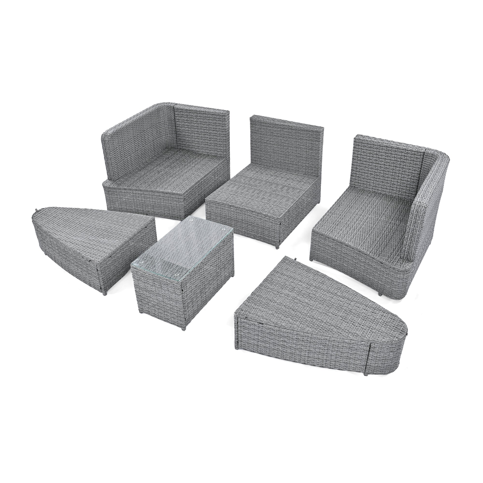 Patio Furntiure Sets | 6-Piece Patio Outdoor Conversation Round Sofa Set, PE Wicker Rattan Separate Seating Group with Coffee Table, Beige | casafoyer.myshopify.com