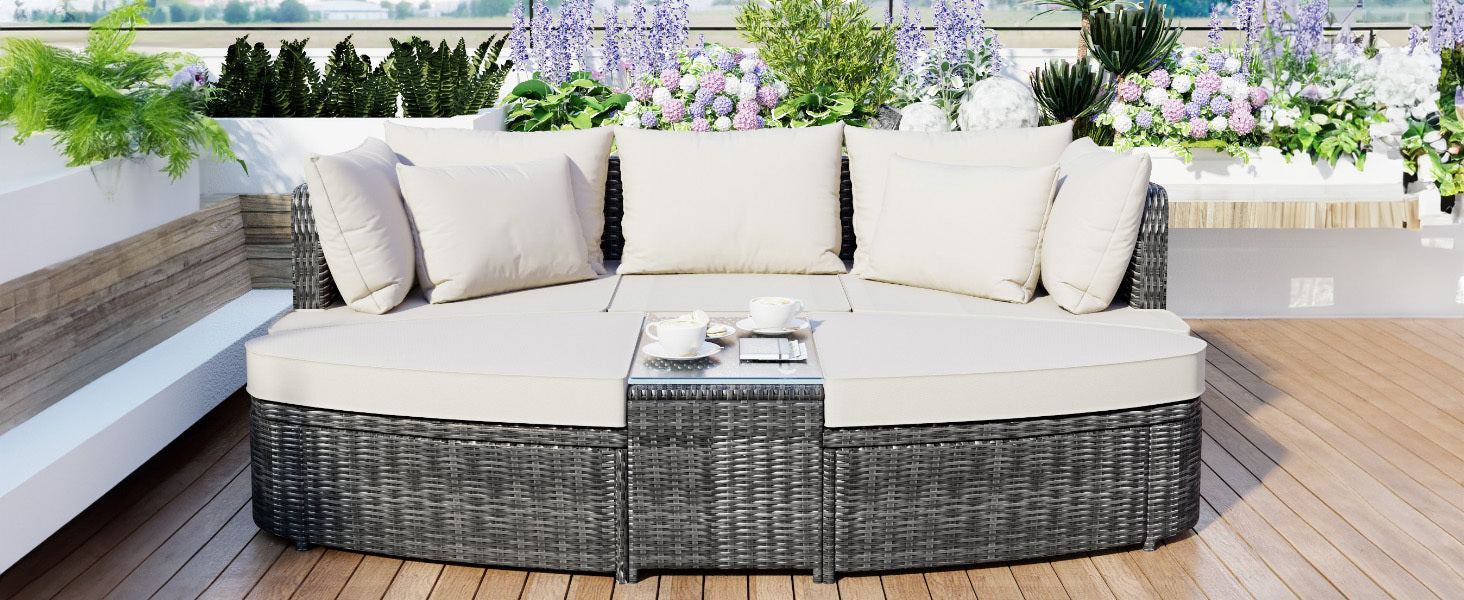 Patio Furntiure Sets | 6-Piece Patio Outdoor Conversation Round Sofa Set, PE Wicker Rattan Separate Seating Group with Coffee Table, Beige | casafoyer.myshopify.com