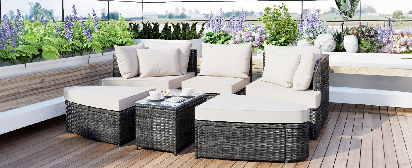 Patio Furntiure Sets | 6-Piece Patio Outdoor Conversation Round Sofa Set, PE Wicker Rattan Separate Seating Group with Coffee Table, Beige | casafoyer.myshopify.com