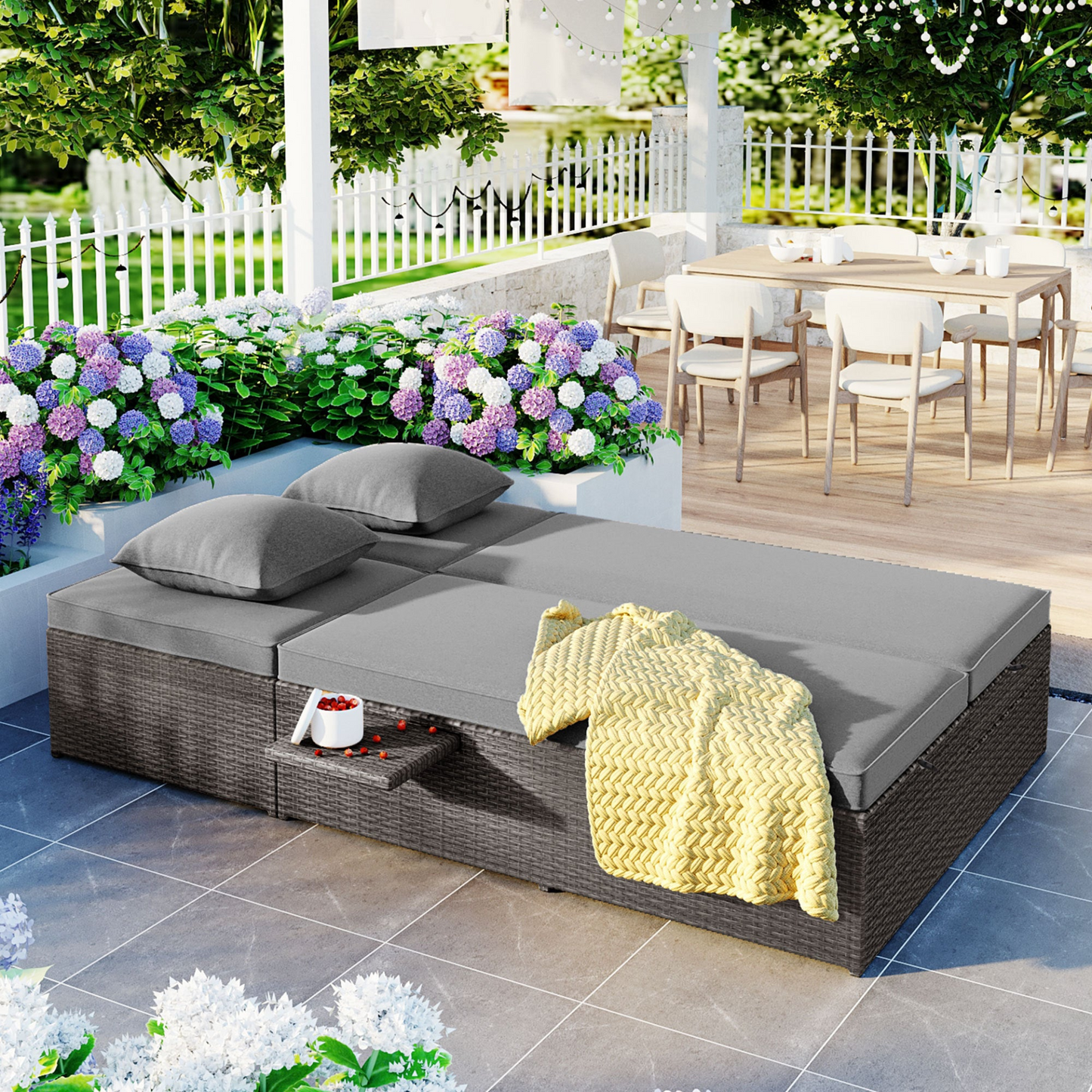 Patio Furntiure Sets | Outdoor Double Sunbed, Wicker Rattan Patio Reclining Chairs with Adjustable Backrest and Seat, Conversational Set for 2 Person, Gray | casafoyer.myshopify.com