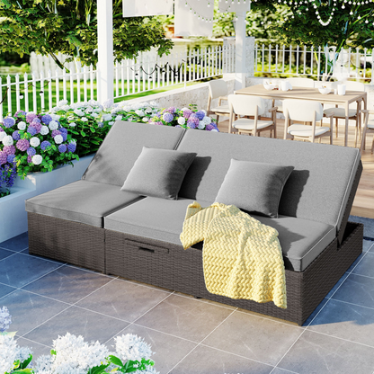 Patio Furntiure Sets | Outdoor Double Sunbed, Wicker Rattan Patio Reclining Chairs with Adjustable Backrest and Seat, Conversational Set for 2 Person, Gray | casafoyer.myshopify.com