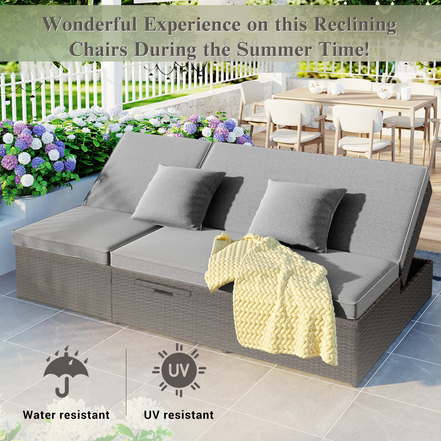 Patio Furntiure Sets | Outdoor Double Sunbed, Wicker Rattan Patio Reclining Chairs with Adjustable Backrest and Seat, Conversational Set for 2 Person, Gray | casafoyer.myshopify.com