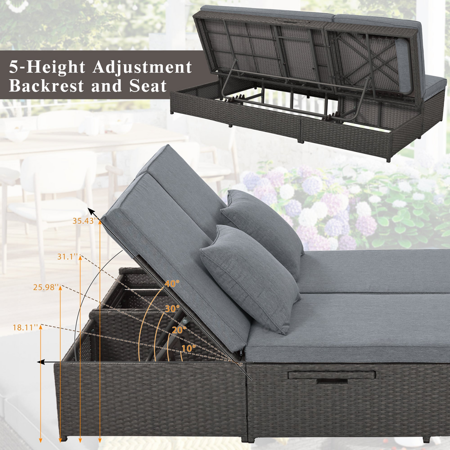 Patio Furntiure Sets | Outdoor Double Sunbed, Wicker Rattan Patio Reclining Chairs with Adjustable Backrest and Seat, Conversational Set for 2 Person, Gray | casafoyer.myshopify.com