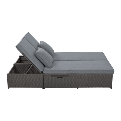 Patio Furntiure Sets | Outdoor Double Sunbed, Wicker Rattan Patio Reclining Chairs with Adjustable Backrest and Seat, Conversational Set for 2 Person, Gray | casafoyer.myshopify.com