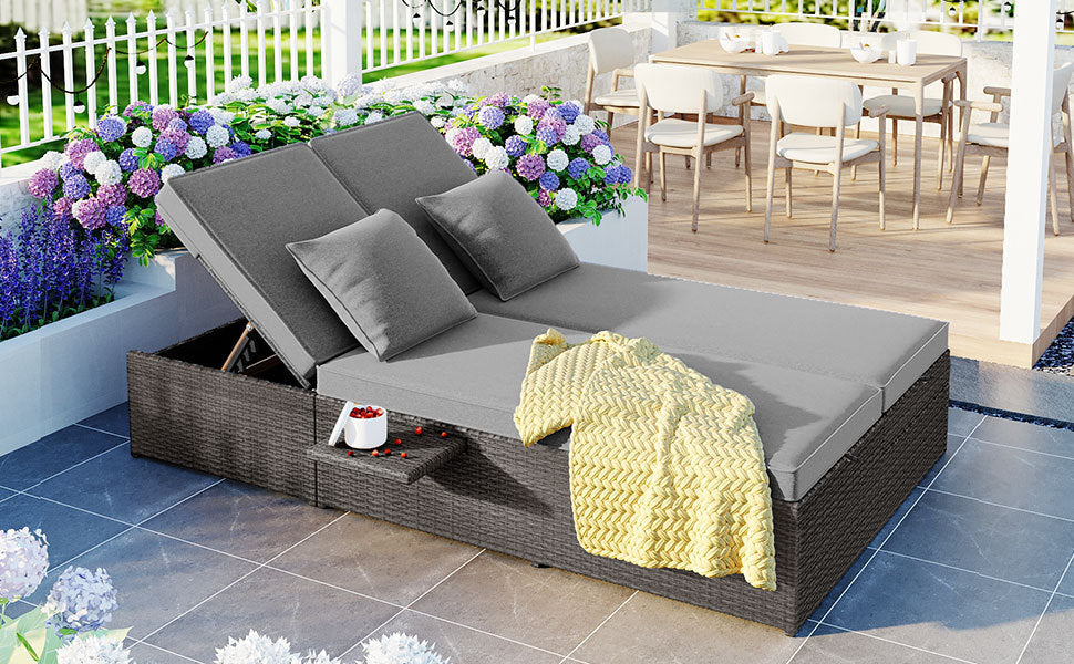 Patio Furntiure Sets | Outdoor Double Sunbed, Wicker Rattan Patio Reclining Chairs with Adjustable Backrest and Seat, Conversational Set for 2 Person, Gray | casafoyer.myshopify.com