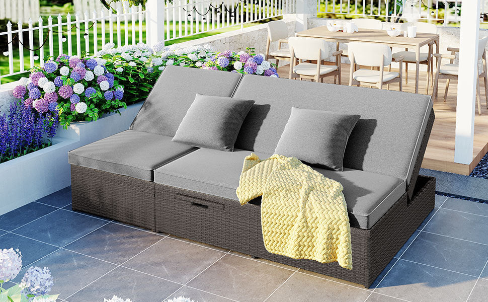 Patio Furntiure Sets | Outdoor Double Sunbed, Wicker Rattan Patio Reclining Chairs with Adjustable Backrest and Seat, Conversational Set for 2 Person, Gray | casafoyer.myshopify.com