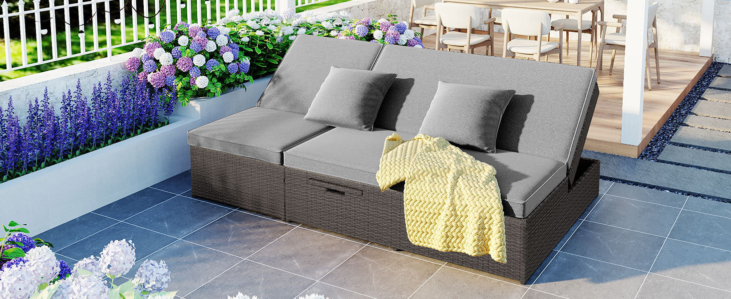 Patio Furntiure Sets | Outdoor Double Sunbed, Wicker Rattan Patio Reclining Chairs with Adjustable Backrest and Seat, Conversational Set for 2 Person, Gray | casafoyer.myshopify.com