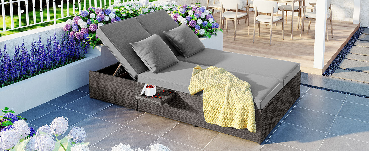 Patio Furntiure Sets | Outdoor Double Sunbed, Wicker Rattan Patio Reclining Chairs with Adjustable Backrest and Seat, Conversational Set for 2 Person, Gray | casafoyer.myshopify.com