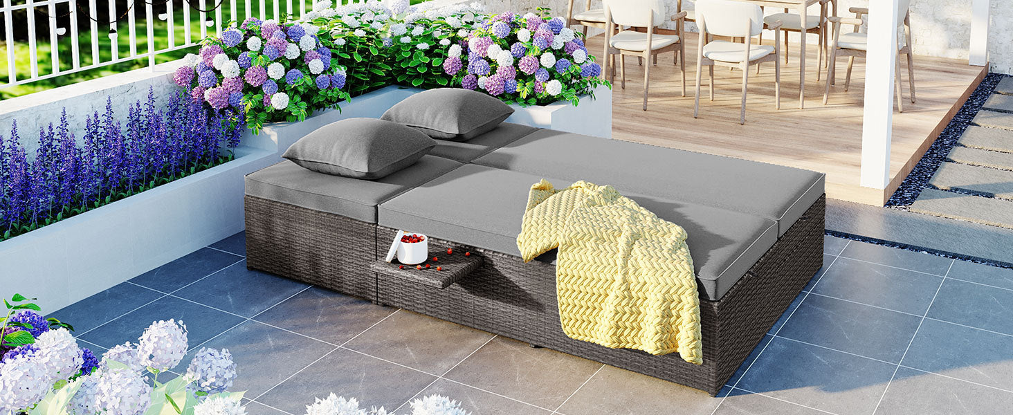 Patio Furntiure Sets | Outdoor Double Sunbed, Wicker Rattan Patio Reclining Chairs with Adjustable Backrest and Seat, Conversational Set for 2 Person, Gray | casafoyer.myshopify.com