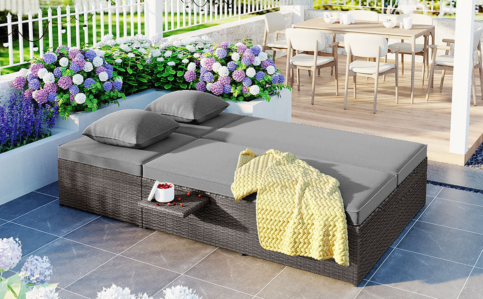 Patio Furntiure Sets | Outdoor Double Sunbed, Wicker Rattan Patio Reclining Chairs with Adjustable Backrest and Seat, Conversational Set for 2 Person, Gray | casafoyer.myshopify.com