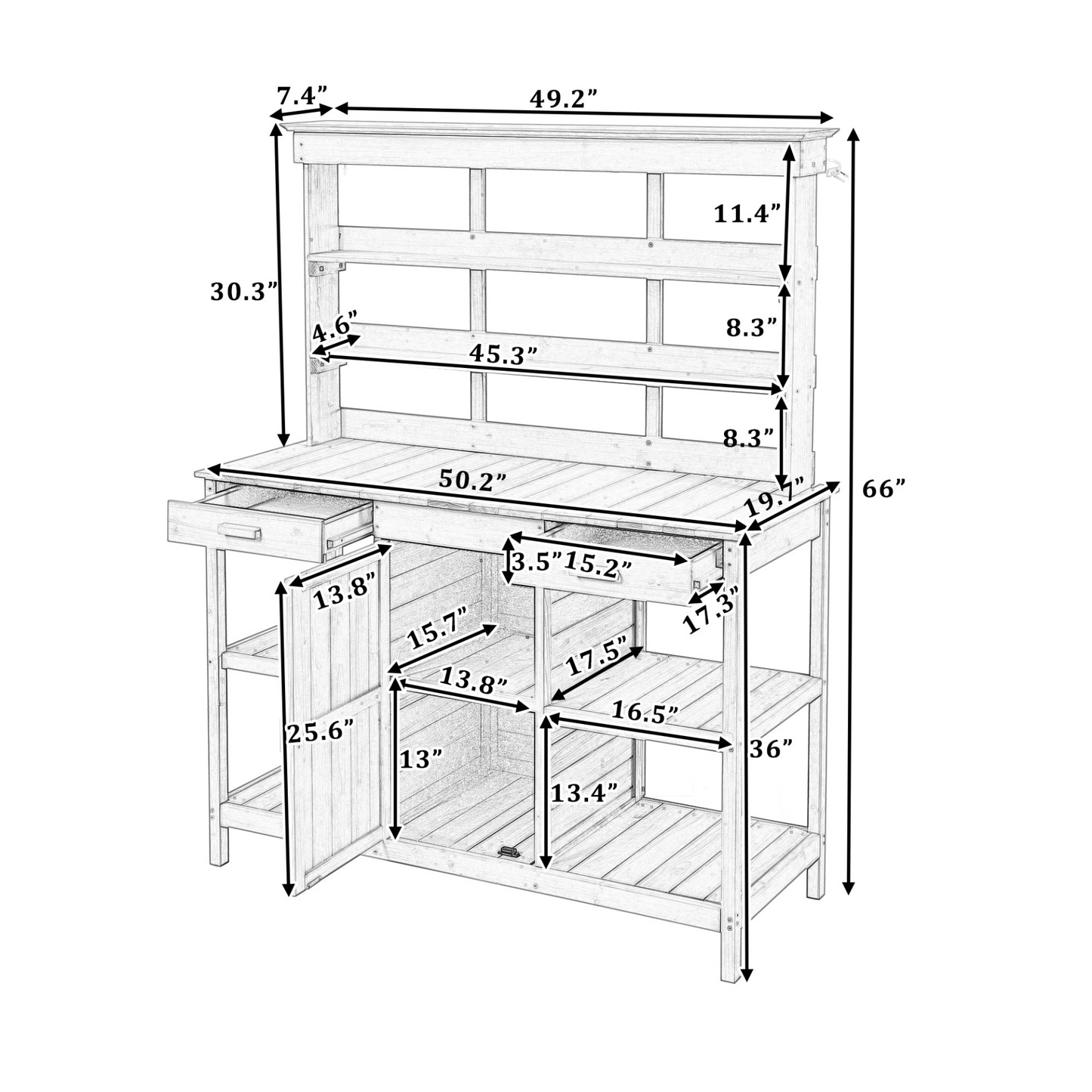 TABLE | Large Outdoor Farmhouse Wooden Potting Bench Table, Garden Workstation with 2 Drawers, Cabinet and Open Shelves for Backyard, Mudroom, White | casafoyer.myshopify.com