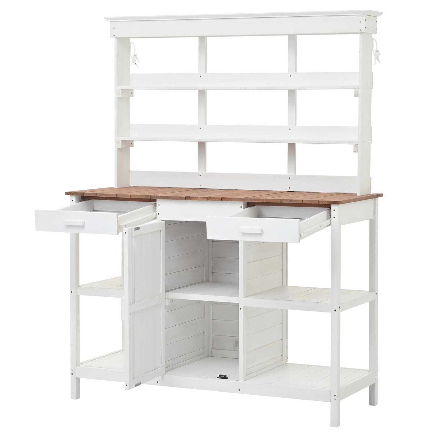 TABLE | Large Outdoor Farmhouse Wooden Potting Bench Table, Garden Workstation with 2 Drawers, Cabinet and Open Shelves for Backyard, Mudroom, White | casafoyer.myshopify.com