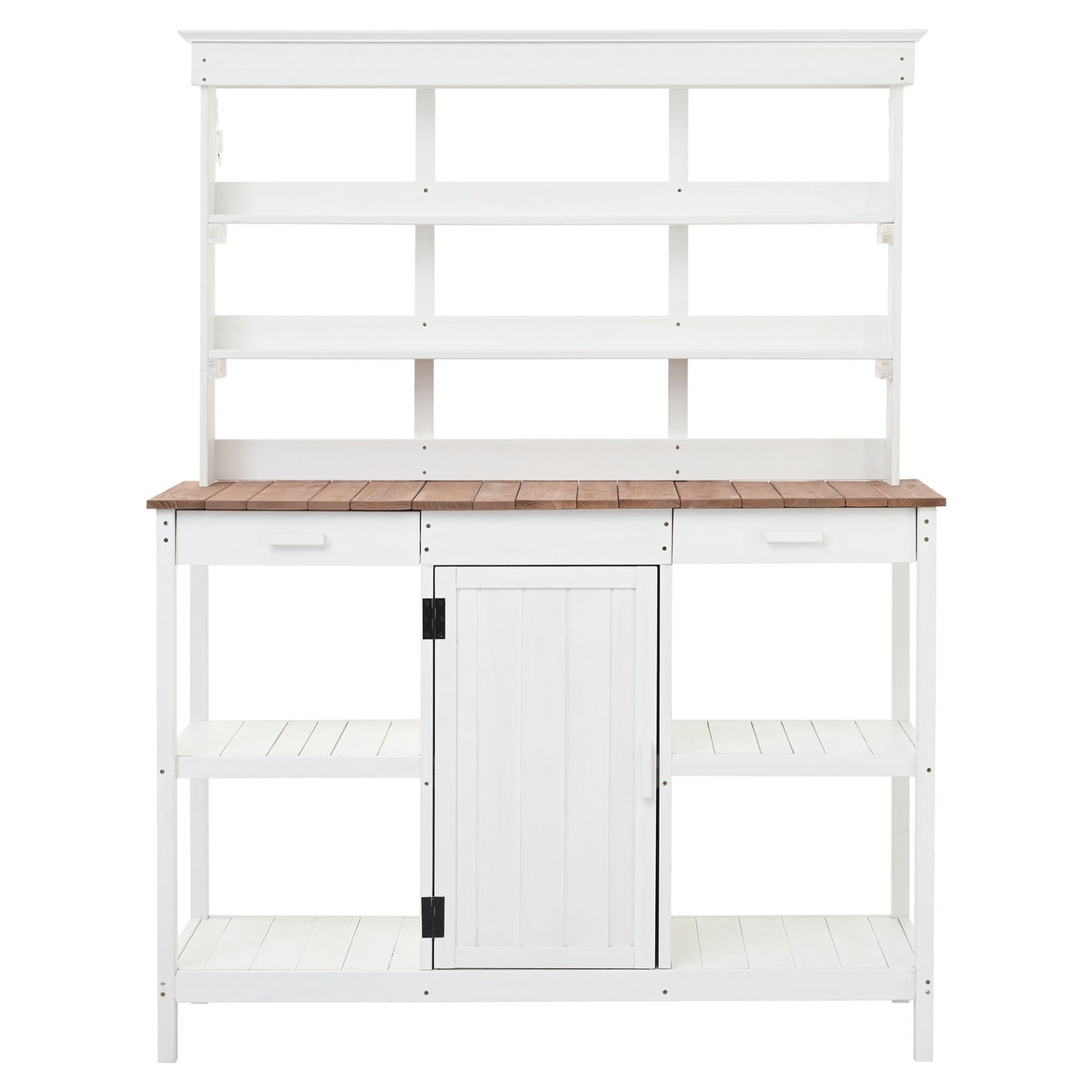 TABLE | Large Outdoor Farmhouse Wooden Potting Bench Table, Garden Workstation with 2 Drawers, Cabinet and Open Shelves for Backyard, Mudroom, White | casafoyer.myshopify.com