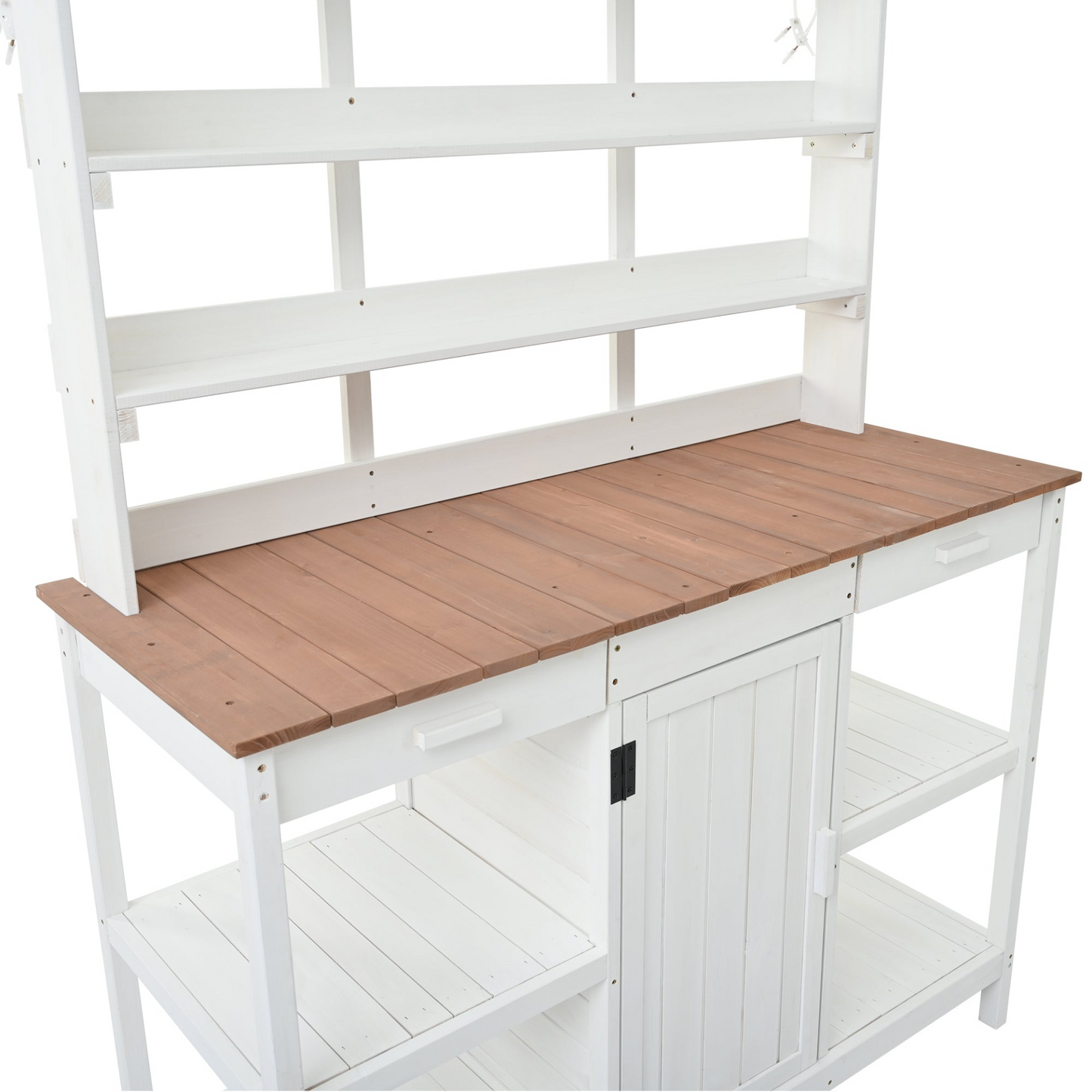 TABLE | Large Outdoor Farmhouse Wooden Potting Bench Table, Garden Workstation with 2 Drawers, Cabinet and Open Shelves for Backyard, Mudroom, White | casafoyer.myshopify.com