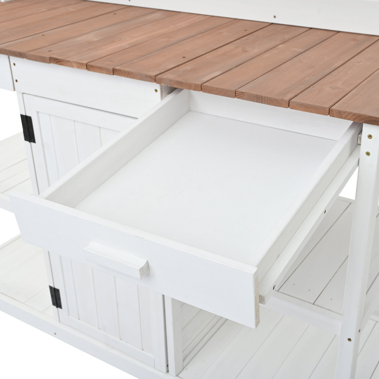 TABLE | Large Outdoor Farmhouse Wooden Potting Bench Table, Garden Workstation with 2 Drawers, Cabinet and Open Shelves for Backyard, Mudroom, White | casafoyer.myshopify.com