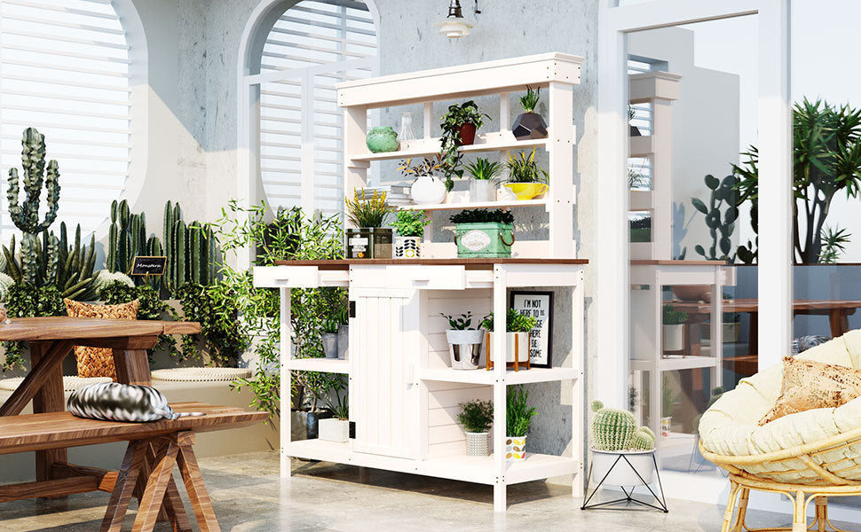 TABLE | Large Outdoor Farmhouse Wooden Potting Bench Table, Garden Workstation with 2 Drawers, Cabinet and Open Shelves for Backyard, Mudroom, White | casafoyer.myshopify.com