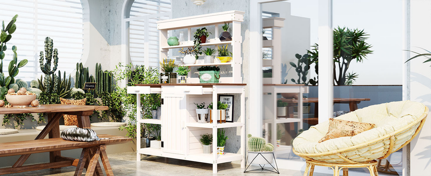 TABLE | Large Outdoor Farmhouse Wooden Potting Bench Table, Garden Workstation with 2 Drawers, Cabinet and Open Shelves for Backyard, Mudroom, White | casafoyer.myshopify.com