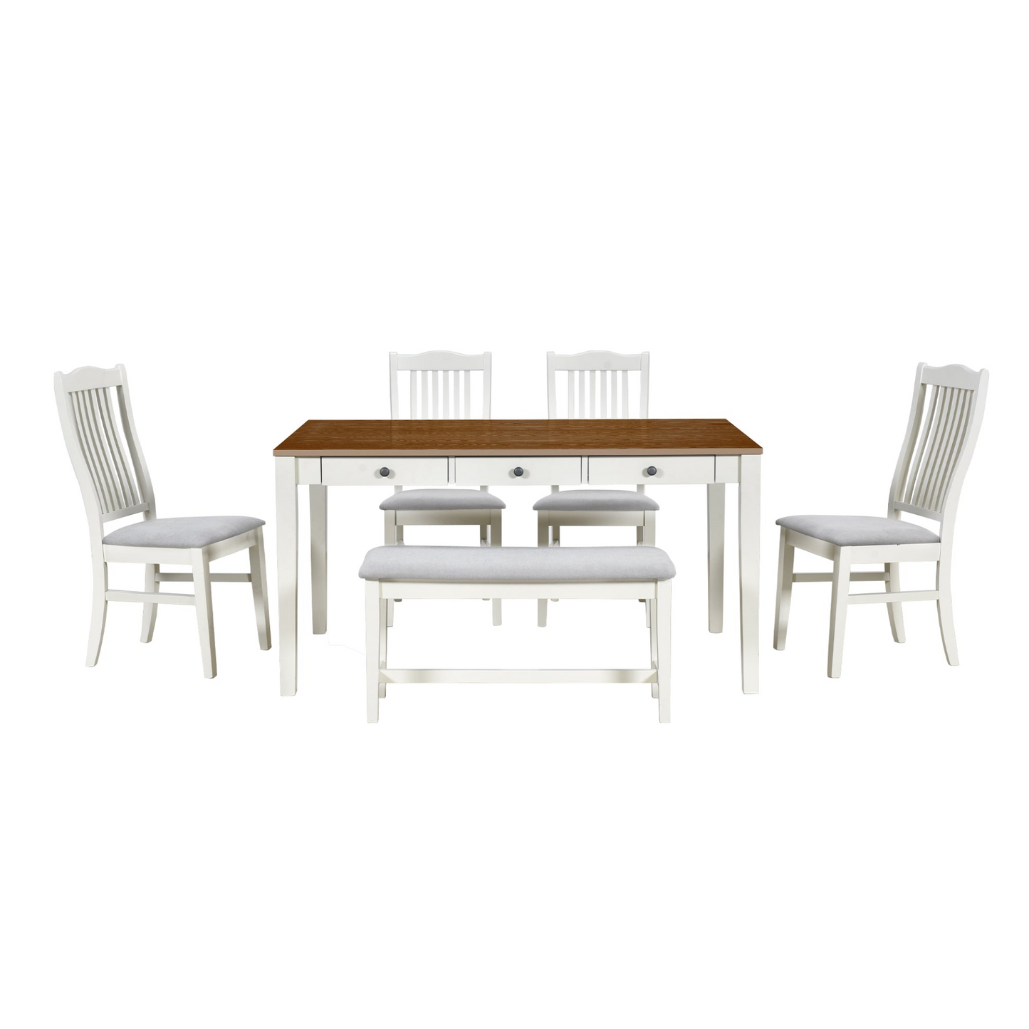 Dining Table | Mid-Century 6-Piece Wood Dining Table Set, Kitchen Table Set with Drawer, Upholstered Chairs and Bench, Butter Milk | casafoyer.myshopify.com