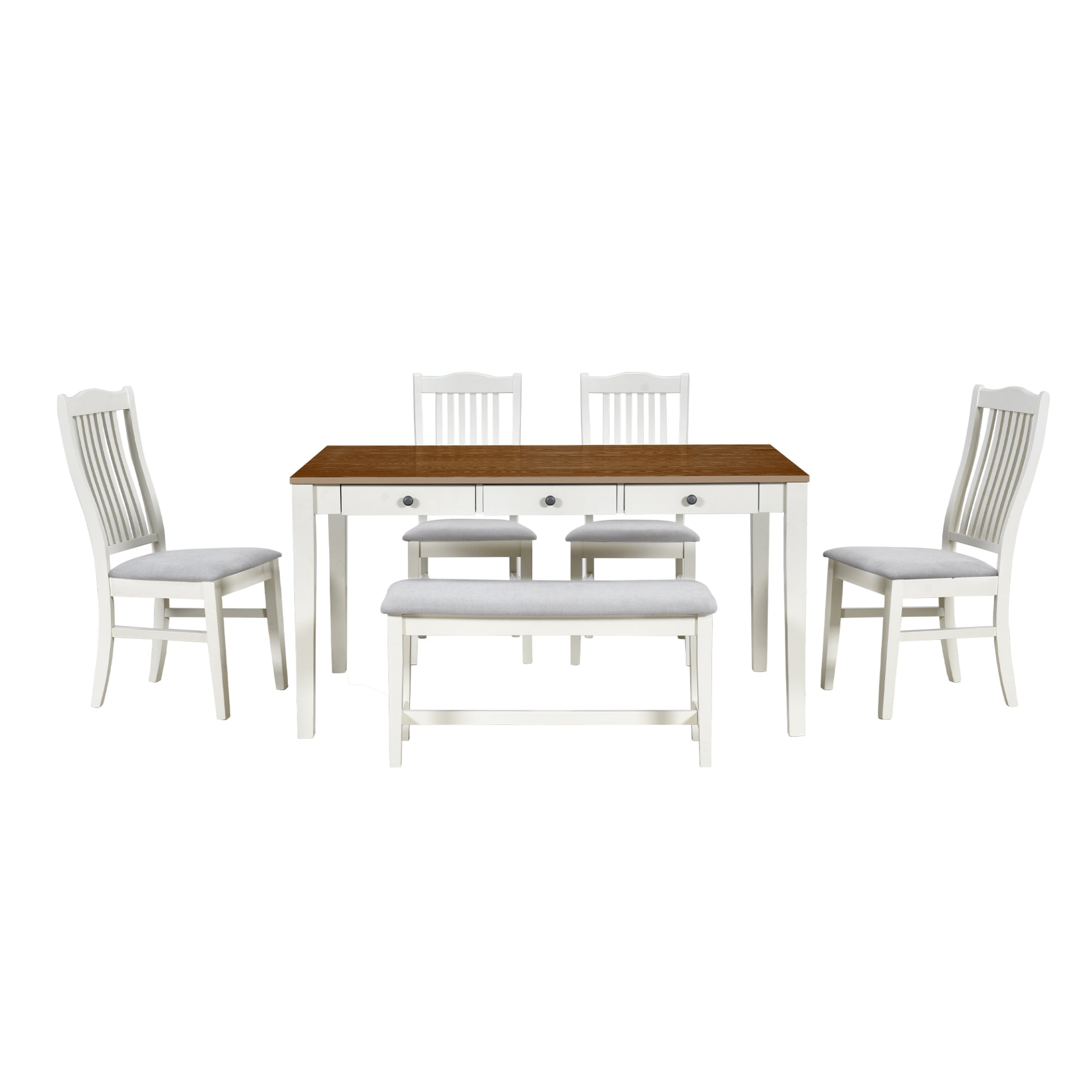 Dining Table | Mid-Century 6-Piece Wood Dining Table Set, Kitchen Table Set with Drawer, Upholstered Chairs and Bench, Butter Milk | casafoyer.myshopify.com