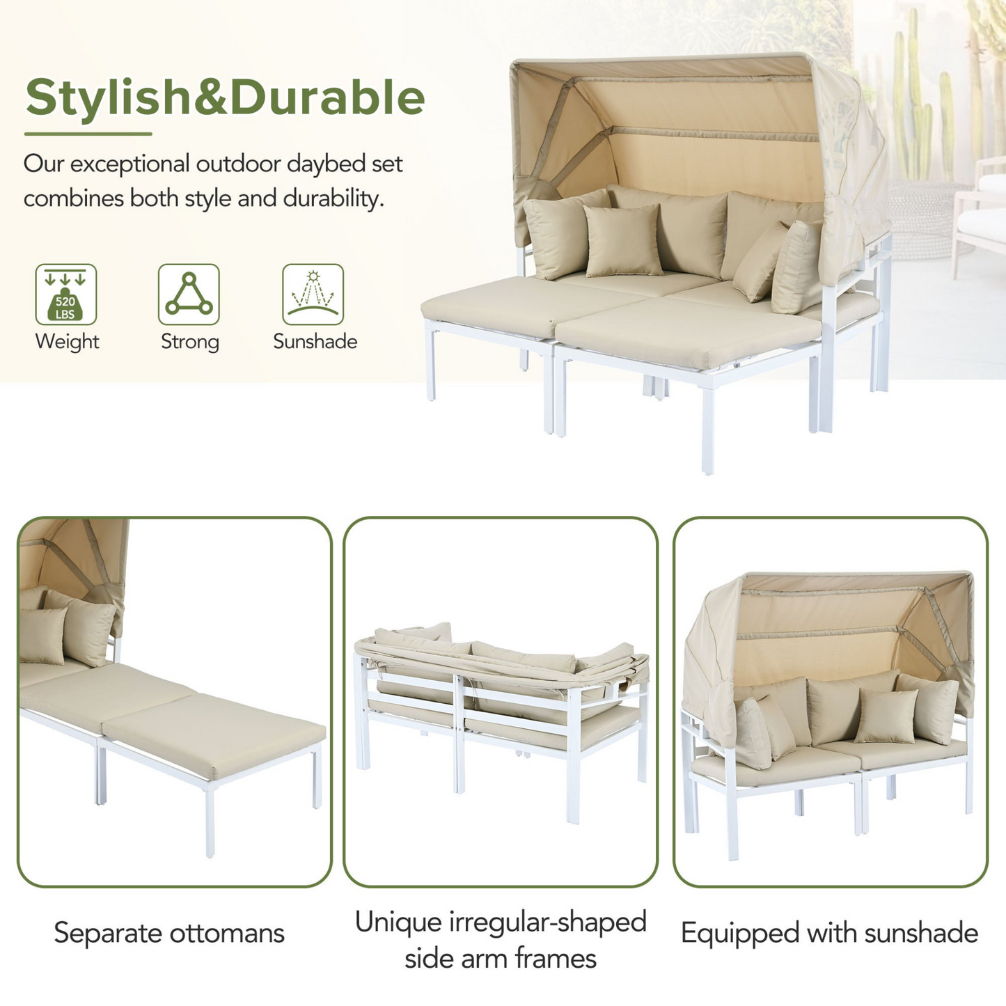 Patio Furntiure Sets | 3-Piece Patio Daybed with Retractable Canopy Outdoor Metal Sectional Sofa Set Sun Lounger with Cushions for Backyard, Porch, Poolside, Beige | casafoyer.myshopify.com