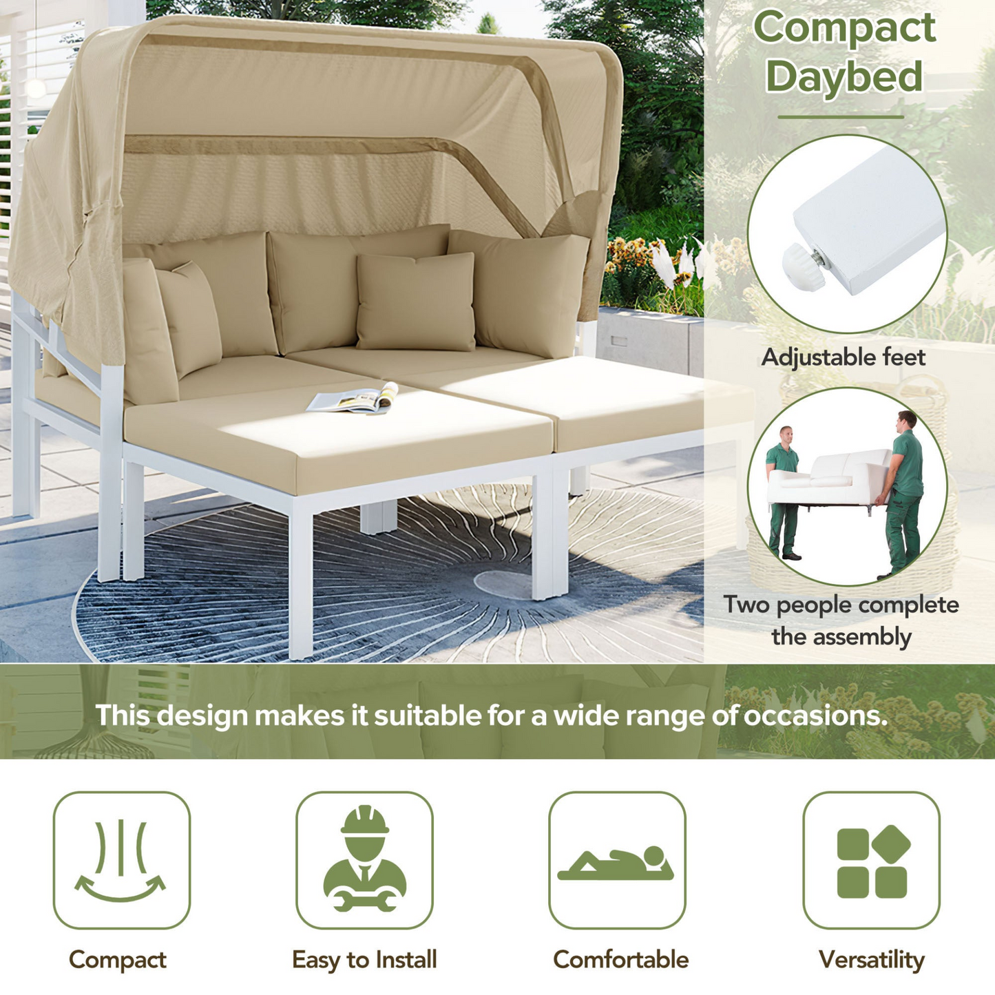 Patio Furntiure Sets | 3-Piece Patio Daybed with Retractable Canopy Outdoor Metal Sectional Sofa Set Sun Lounger with Cushions for Backyard, Porch, Poolside, Beige | casafoyer.myshopify.com