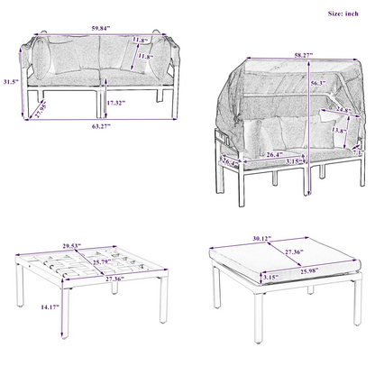 Patio Furntiure Sets | 3-Piece Patio Daybed with Retractable Canopy Outdoor Metal Sectional Sofa Set Sun Lounger with Cushions for Backyard, Porch, Poolside, Beige | casafoyer.myshopify.com