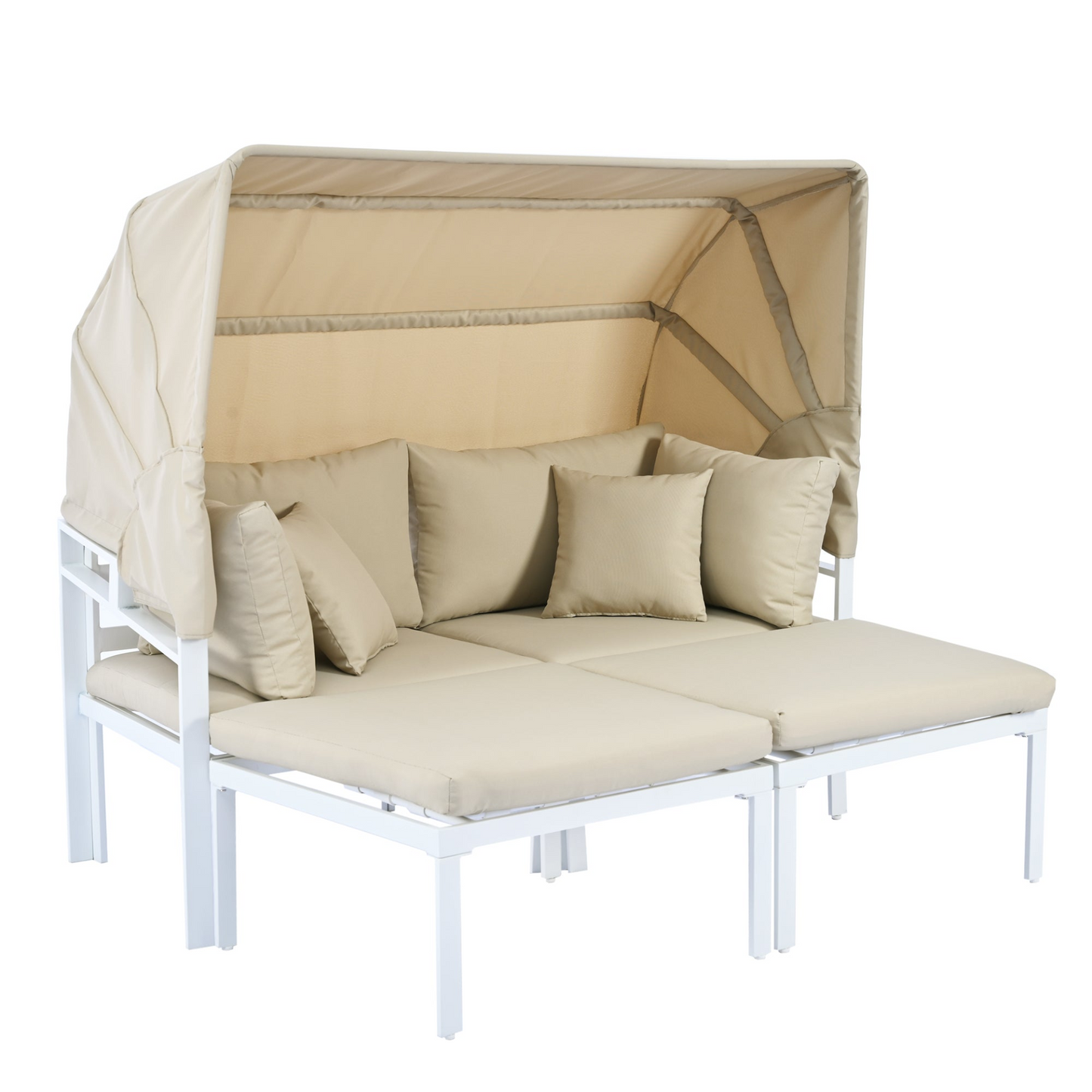 Patio Furntiure Sets | 3-Piece Patio Daybed with Retractable Canopy Outdoor Metal Sectional Sofa Set Sun Lounger with Cushions for Backyard, Porch, Poolside, Beige | casafoyer.myshopify.com