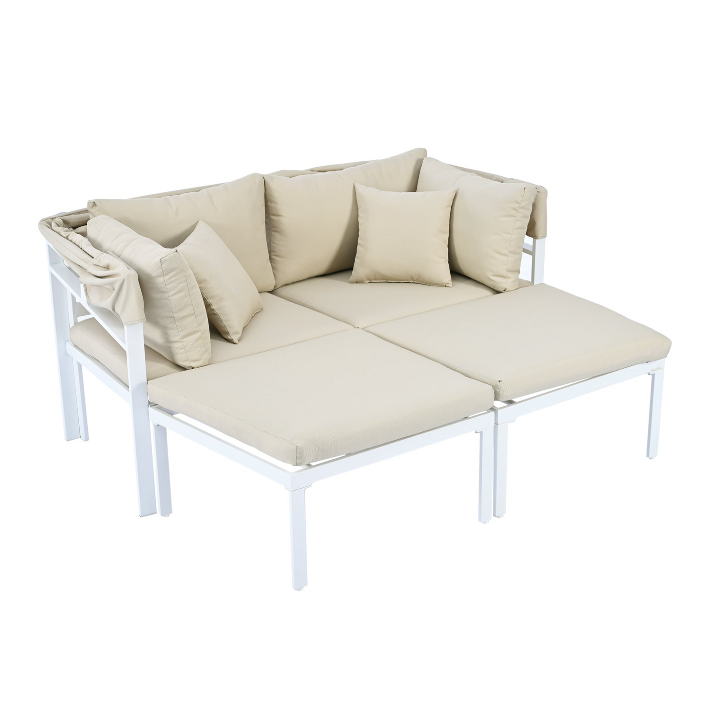 Patio Furntiure Sets | 3-Piece Patio Daybed with Retractable Canopy Outdoor Metal Sectional Sofa Set Sun Lounger with Cushions for Backyard, Porch, Poolside, Beige | casafoyer.myshopify.com