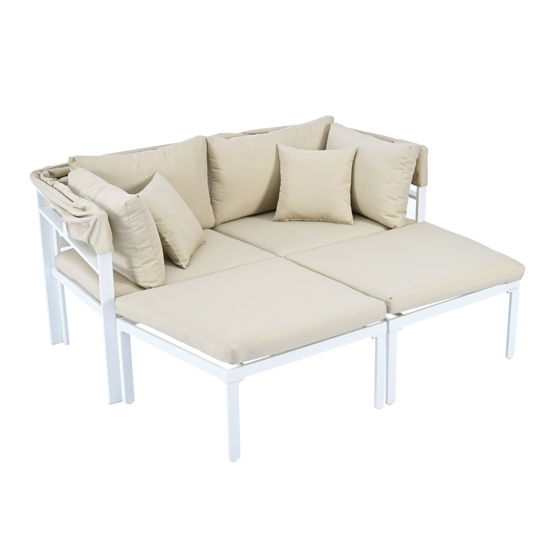 Patio Furntiure Sets | 3-Piece Patio Daybed with Retractable Canopy Outdoor Metal Sectional Sofa Set Sun Lounger with Cushions for Backyard, Porch, Poolside, Beige | casafoyer.myshopify.com