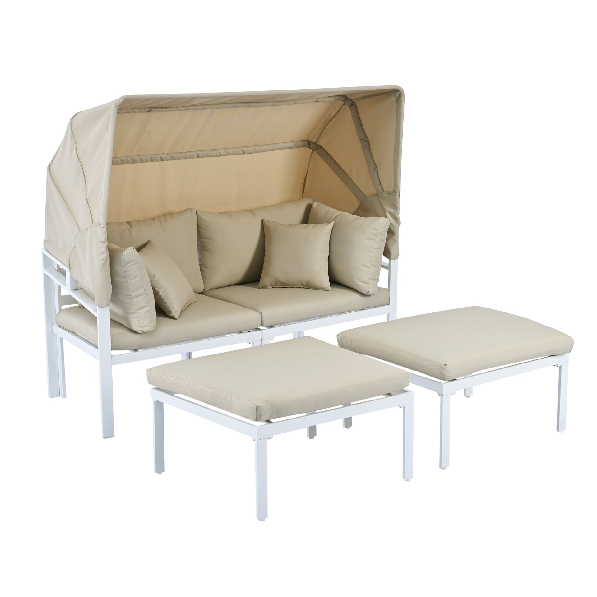 Patio Furntiure Sets | 3-Piece Patio Daybed with Retractable Canopy Outdoor Metal Sectional Sofa Set Sun Lounger with Cushions for Backyard, Porch, Poolside, Beige | casafoyer.myshopify.com