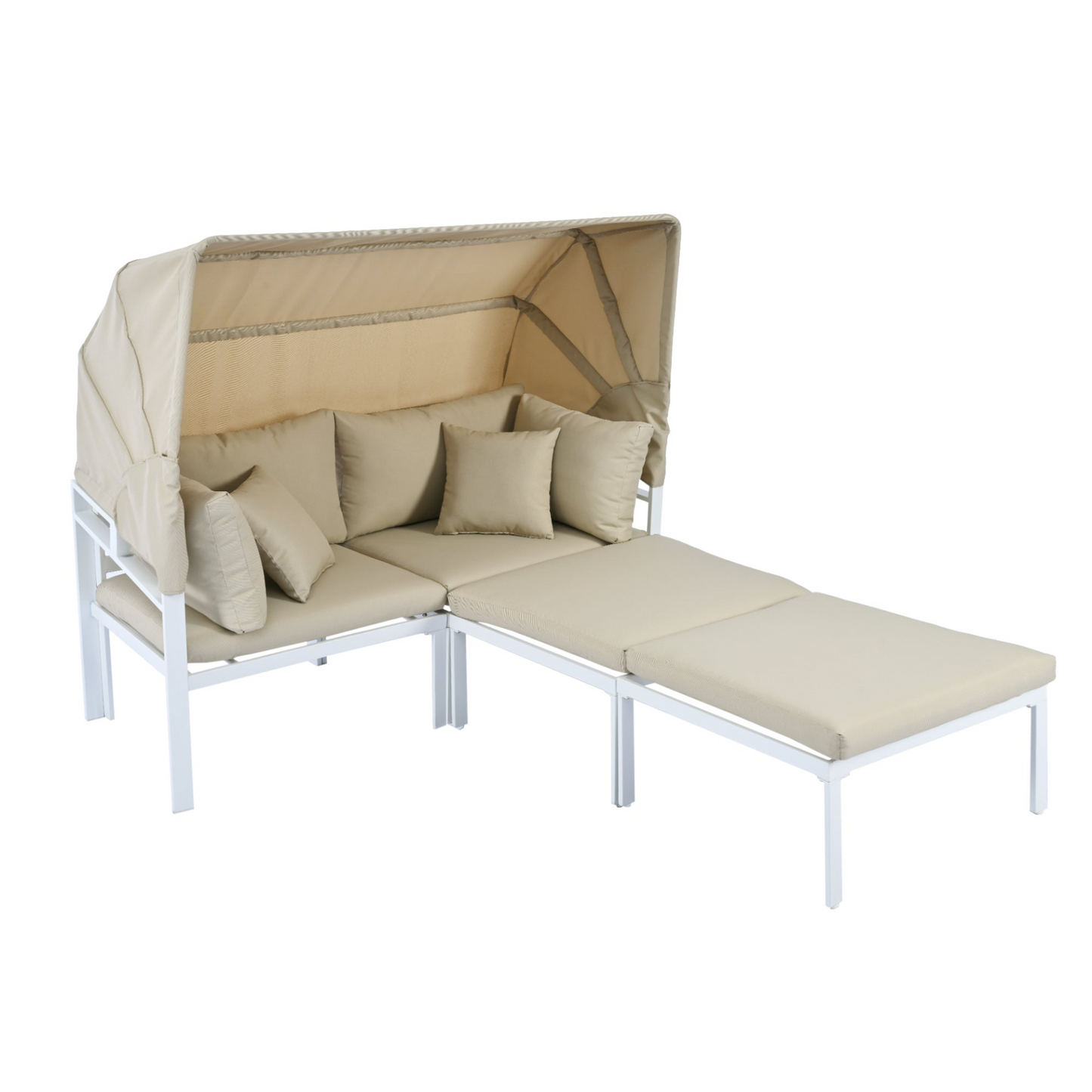 Patio Furntiure Sets | 3-Piece Patio Daybed with Retractable Canopy Outdoor Metal Sectional Sofa Set Sun Lounger with Cushions for Backyard, Porch, Poolside, Beige | casafoyer.myshopify.com