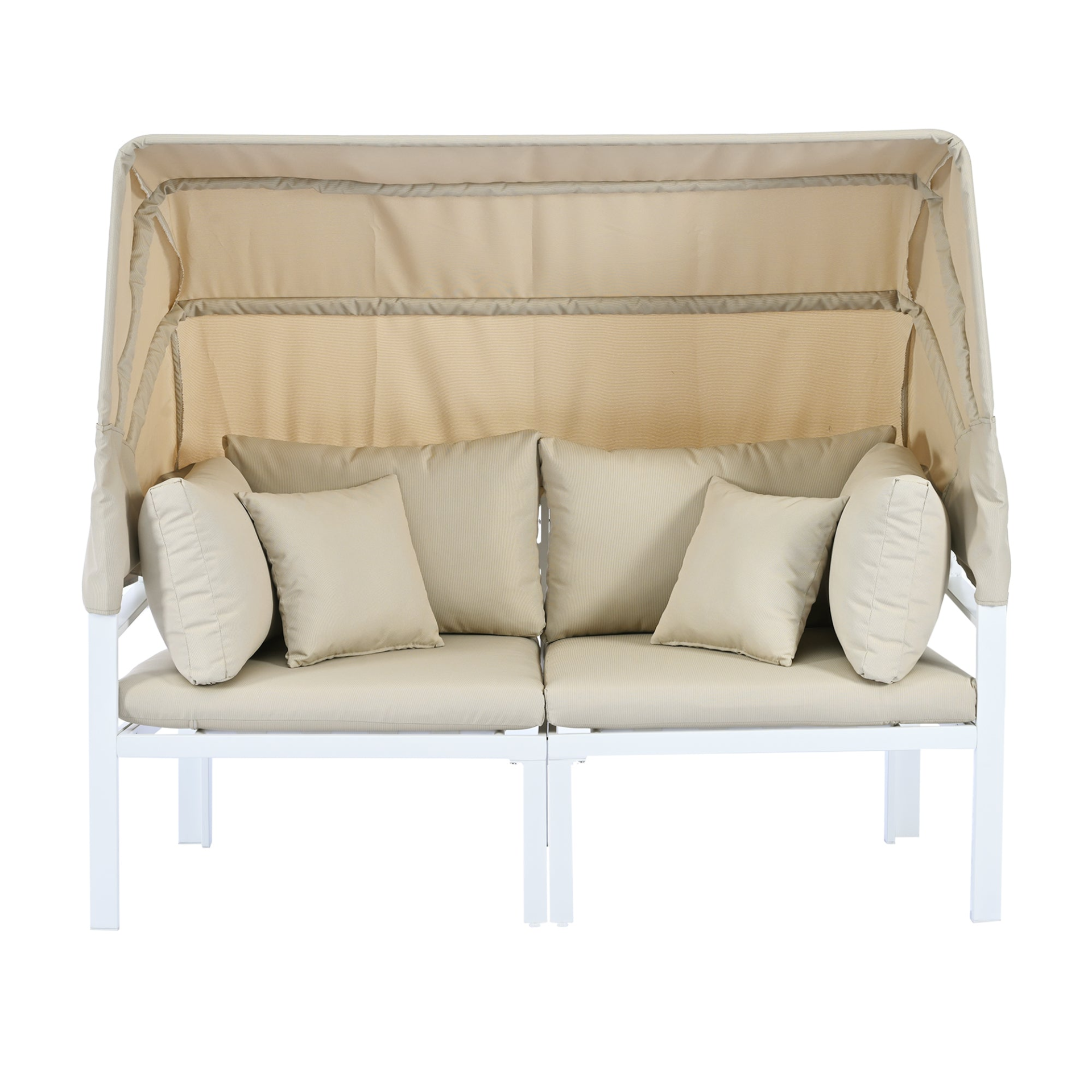 Patio Furntiure Sets | 3-Piece Patio Daybed with Retractable Canopy Outdoor Metal Sectional Sofa Set Sun Lounger with Cushions for Backyard, Porch, Poolside, Beige | casafoyer.myshopify.com