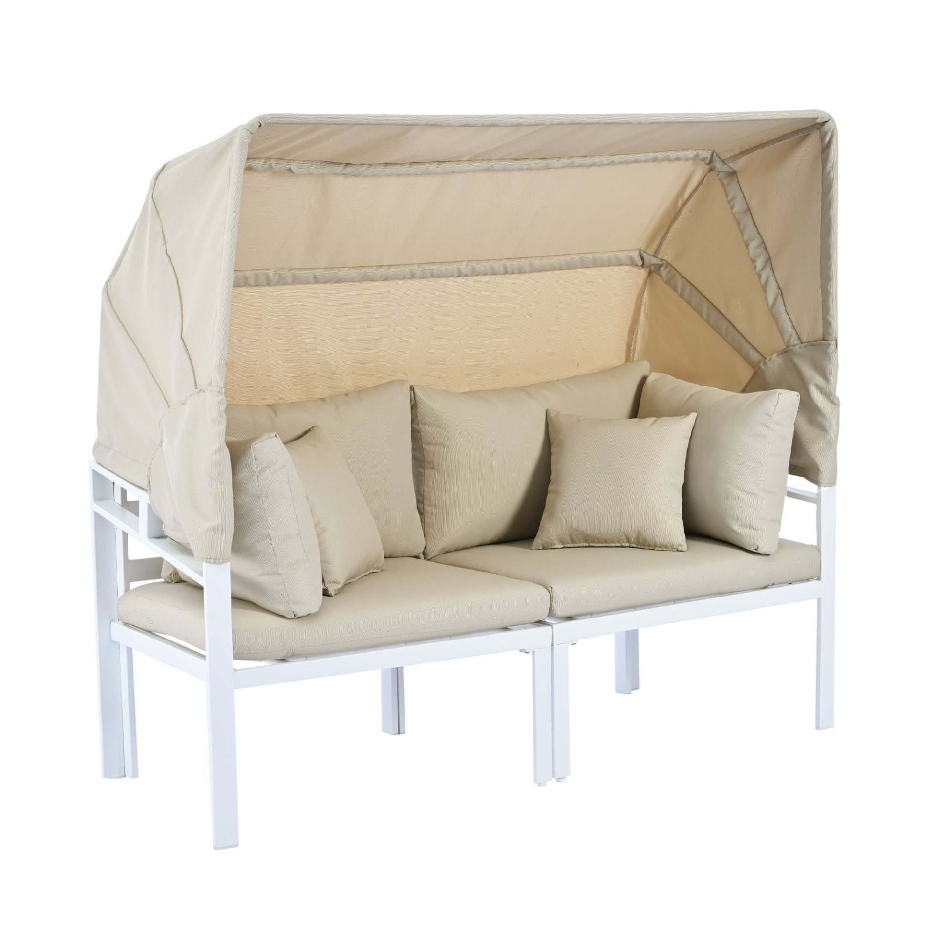 Patio Furntiure Sets | 3-Piece Patio Daybed with Retractable Canopy Outdoor Metal Sectional Sofa Set Sun Lounger with Cushions for Backyard, Porch, Poolside, Beige | casafoyer.myshopify.com