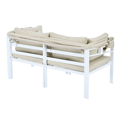 Patio Furntiure Sets | 3-Piece Patio Daybed with Retractable Canopy Outdoor Metal Sectional Sofa Set Sun Lounger with Cushions for Backyard, Porch, Poolside, Beige | casafoyer.myshopify.com