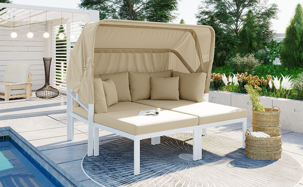 Patio Furntiure Sets | 3-Piece Patio Daybed with Retractable Canopy Outdoor Metal Sectional Sofa Set Sun Lounger with Cushions for Backyard, Porch, Poolside, Beige | casafoyer.myshopify.com