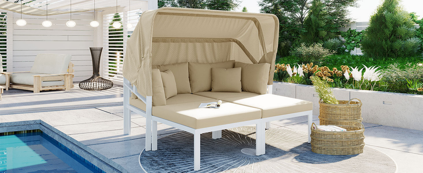 Patio Furntiure Sets | 3-Piece Patio Daybed with Retractable Canopy Outdoor Metal Sectional Sofa Set Sun Lounger with Cushions for Backyard, Porch, Poolside, Beige | casafoyer.myshopify.com