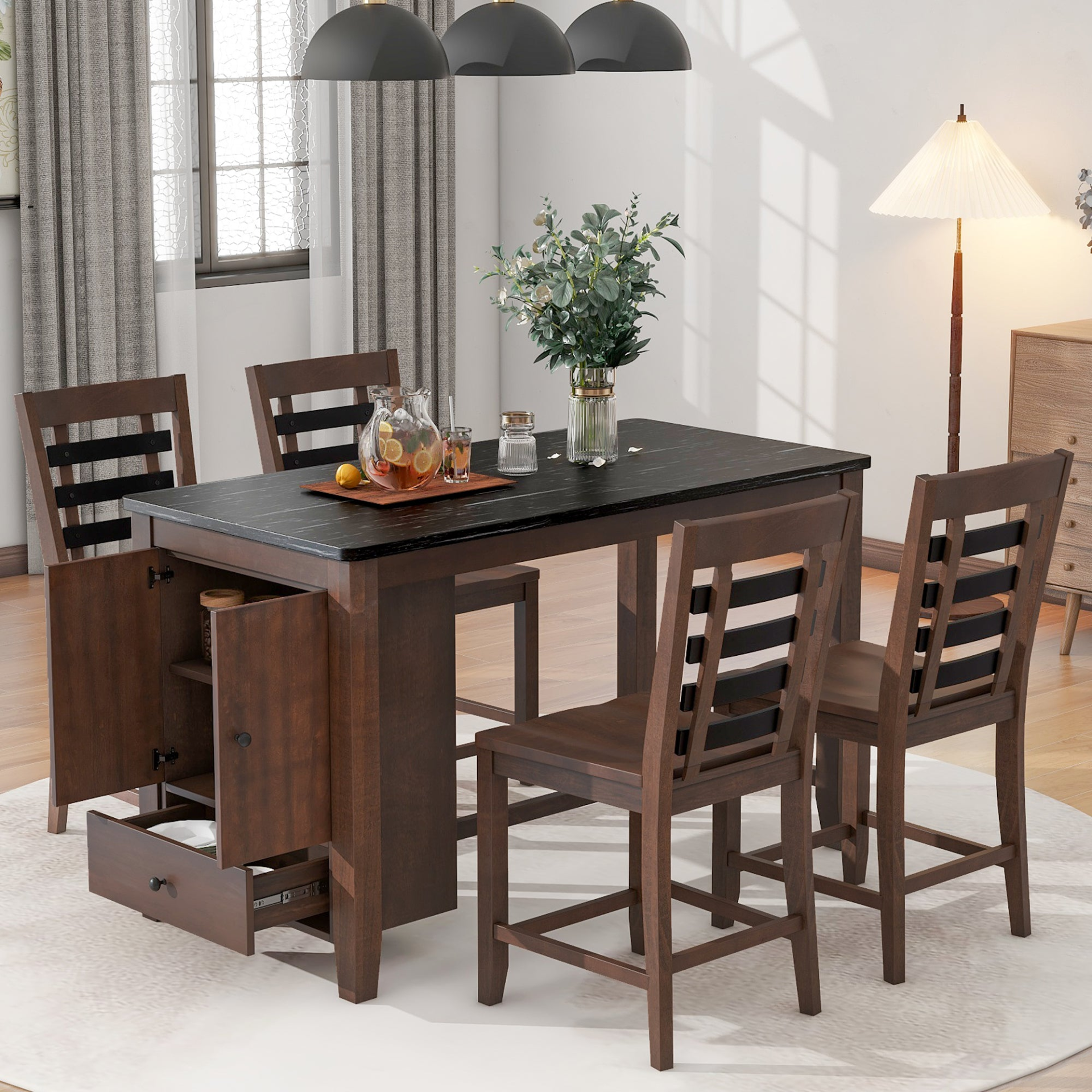 Dining Table | Counter Height 5-piece Dining Table Set with Faux Marble Tabletop, Solid Wood Table Set with Storage Cabinet and Drawer, Dark walnut | casafoyer.myshopify.com